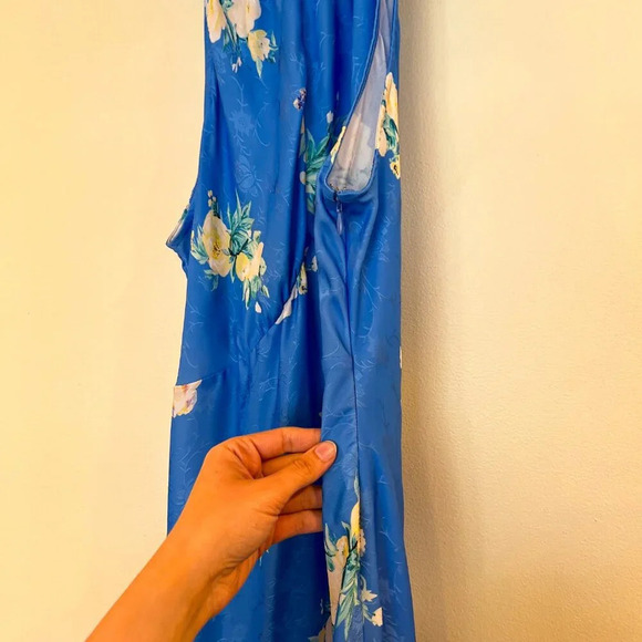 LoveShackFancy Brinda Blue Satin Floral Formal Tie Back Halter Maxi Dress Gown - Picture 6 of 11